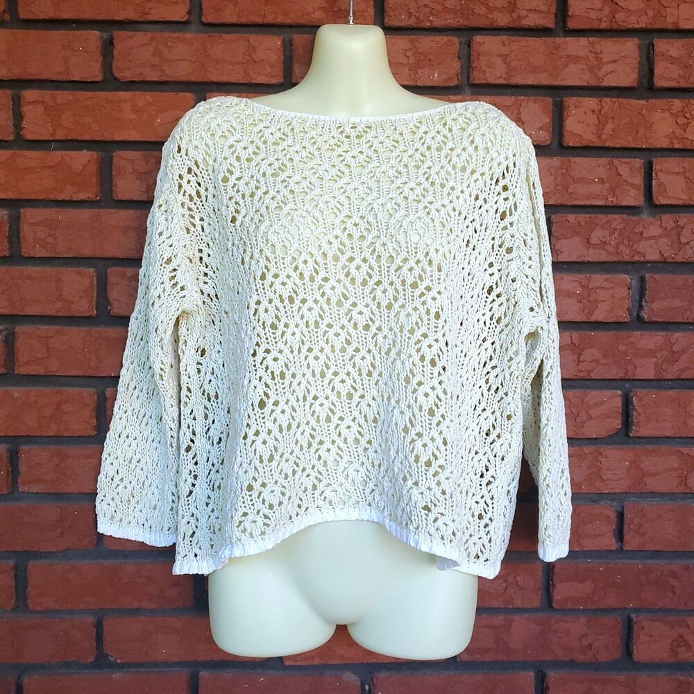 VTG Crochet Sweater XL 3/4 Sleeve Boxy Open Knit Yellow White Cottage Beach